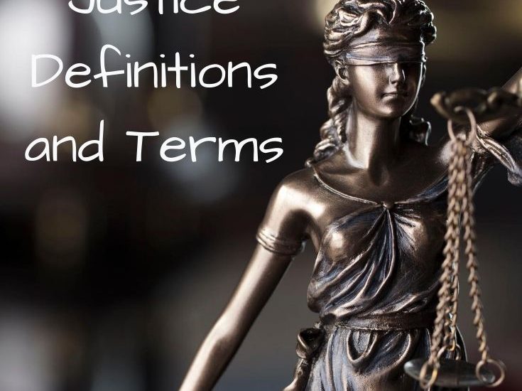 black circle background, scales of justice, Criminal Justice Definitions and Terms in white letters