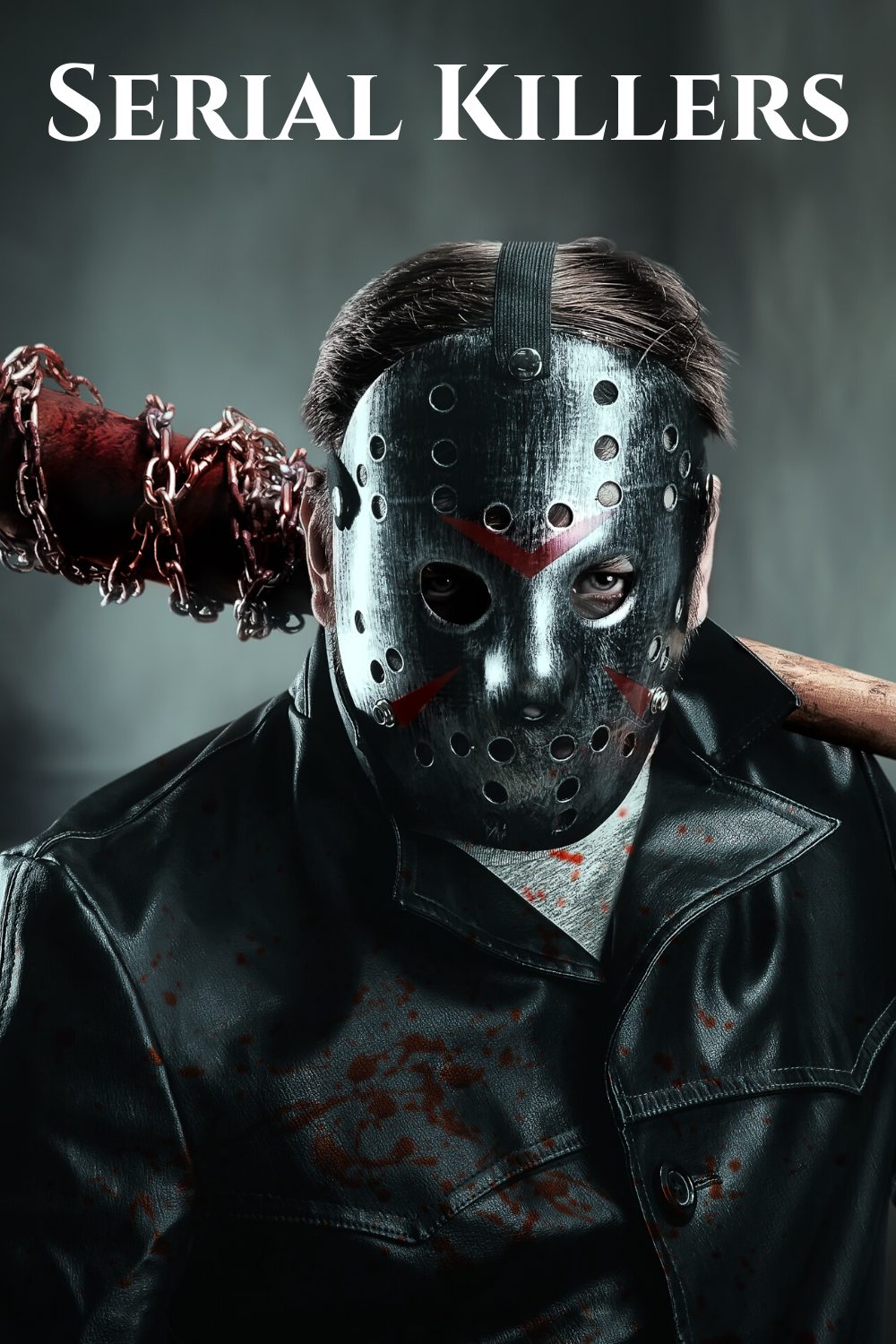 evil man with Jason hockey mask, black jacket